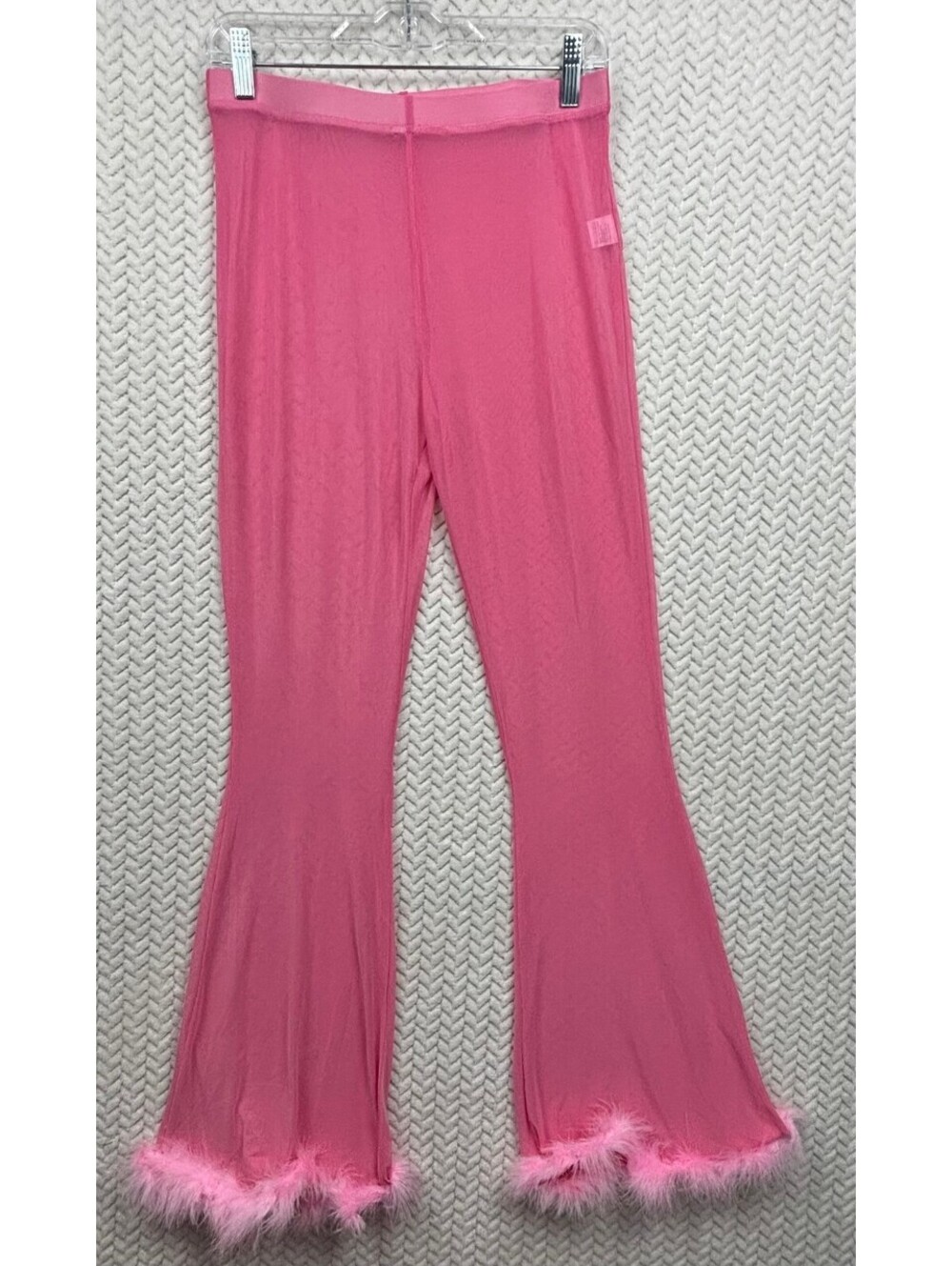 Pink Flared Pants with Feather Trim, Size Large